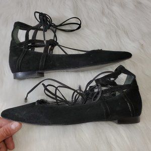 Schutz Black Suede Leather Ballerina Lace Up Flats